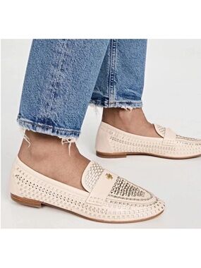 Tory Burch Cream Woven Leather Loafers with Gold Logo